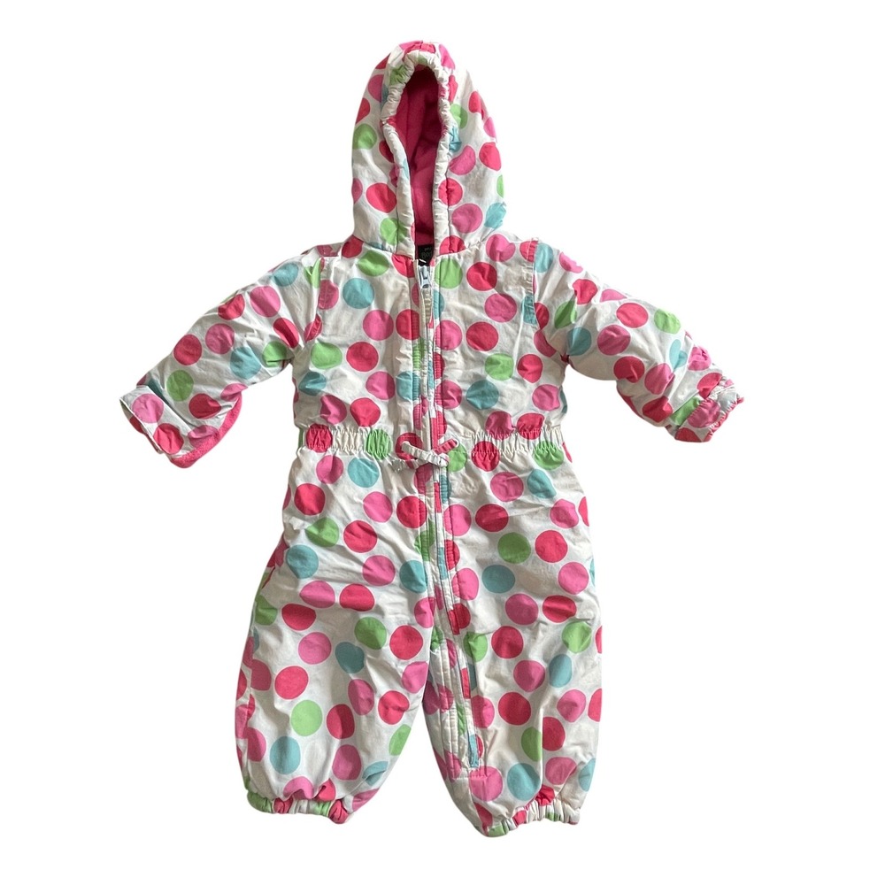 Mini‎ Boden Baby Polka Dot Hooded Pram Suit Snowsuit Pink Fleece Lined 12-18M